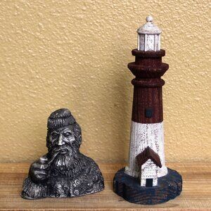 Seaman Mariner Fisherman Sculpture Aardvark 1972 Canada & 9" Wood Lighthouse